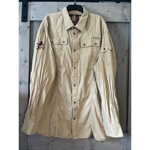 Coogi Men's Long Sleeve Button Up Shirt Size 4XL Tan Khaki Lined 100% Cotton